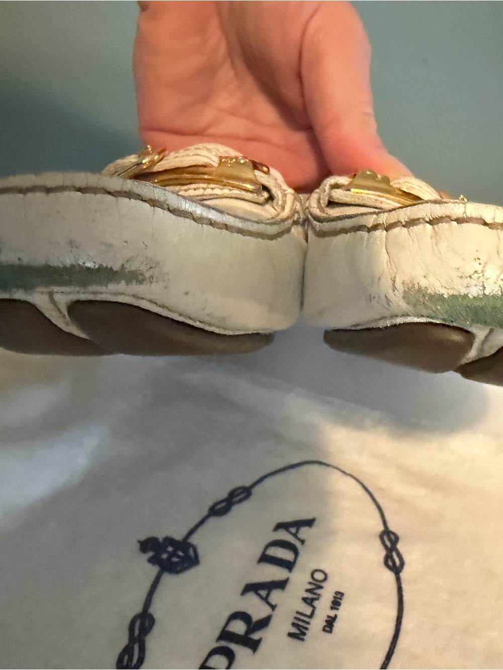 Vintage PRADA Cream Pebbled Leather Loafers with Gold Hardware, Size 39 (8.5) - Picture 10 of 11
